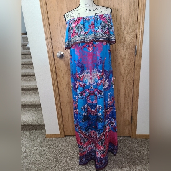 Boston Proper Rhinestone Ruffle Peacock Floral Off The Shoulder Maxi Dress - Picture 2 of 6